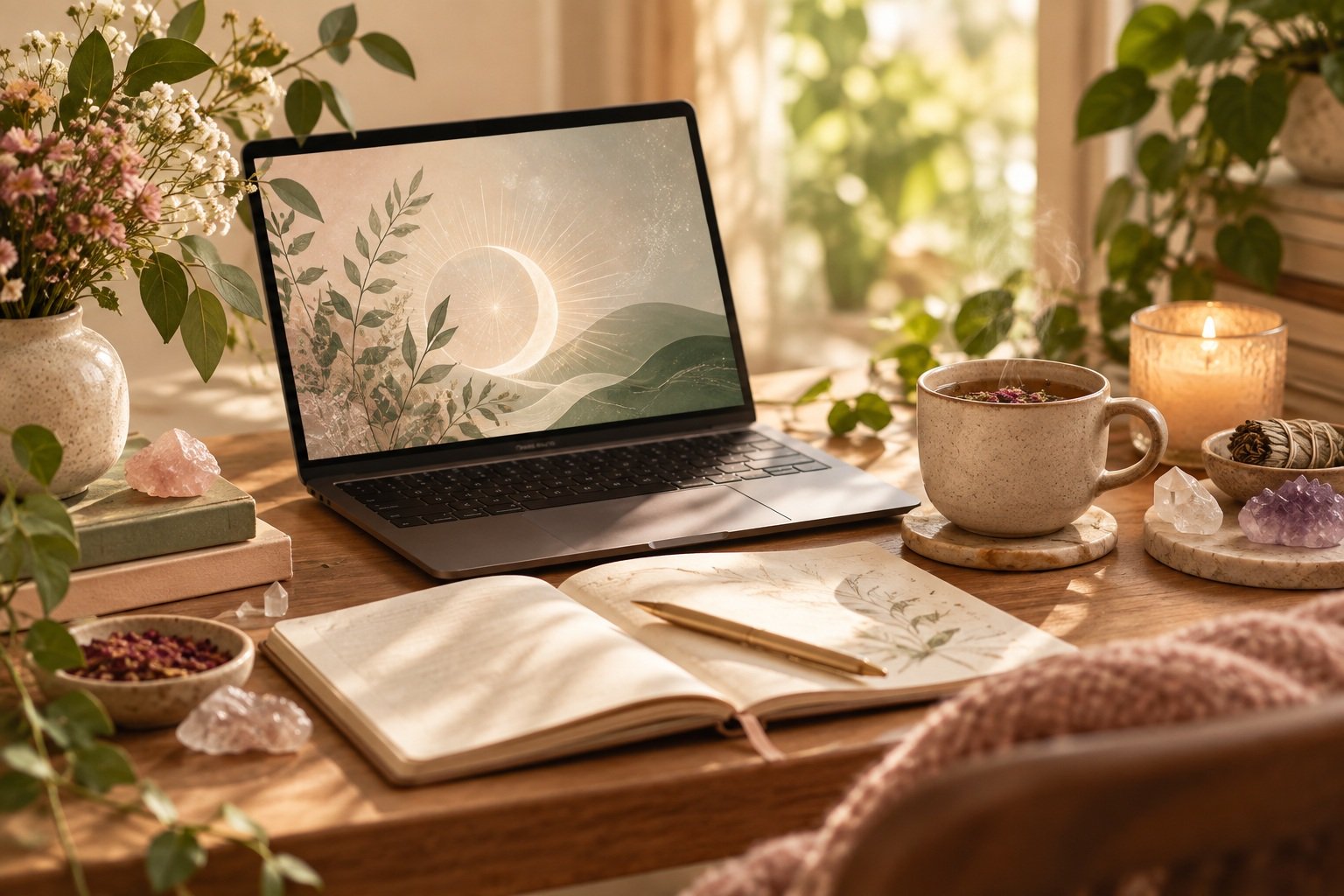A warm creative workspace with a laptop, notebook, tea, candles, and botanical styling