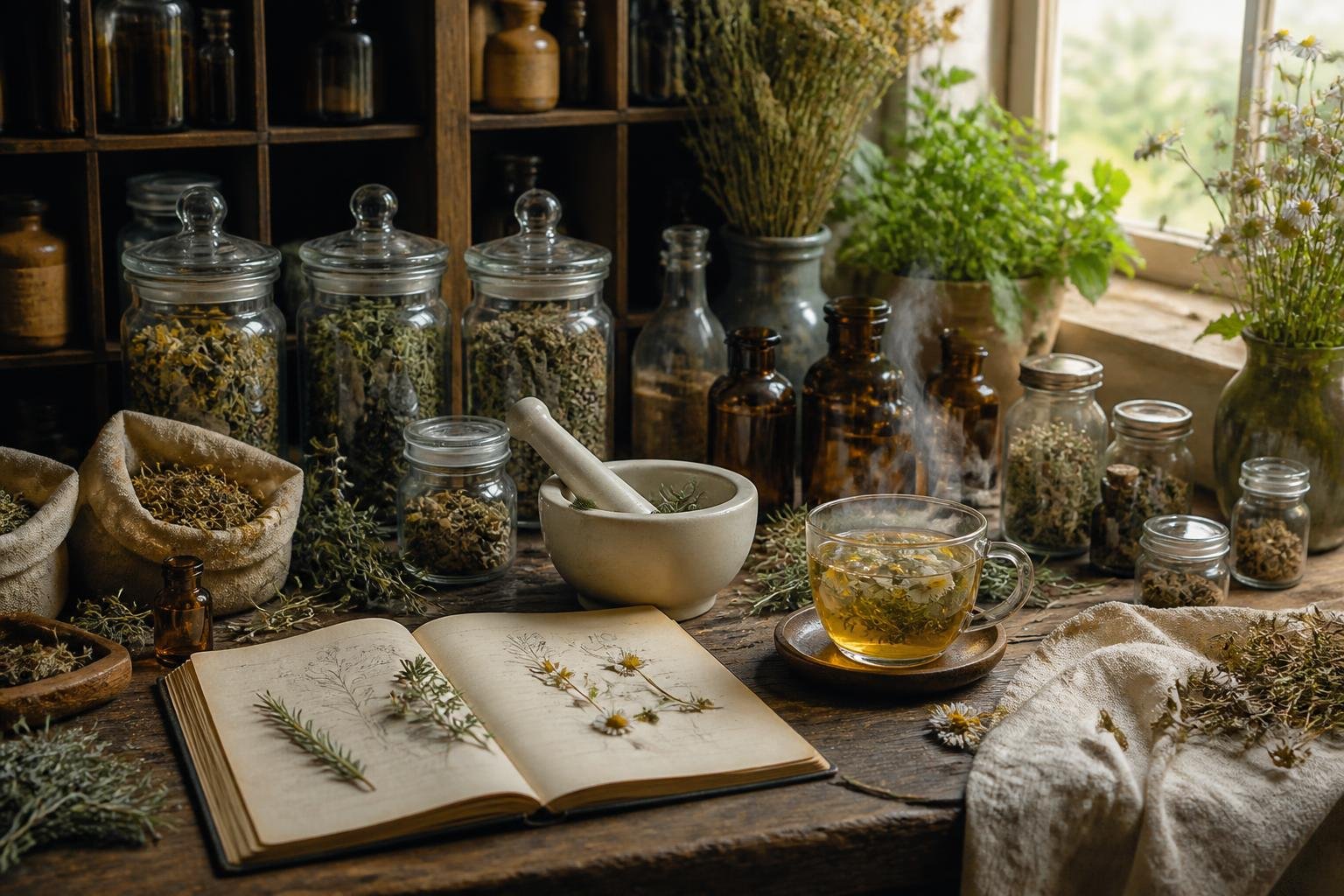 A warm herbal apothecary study
