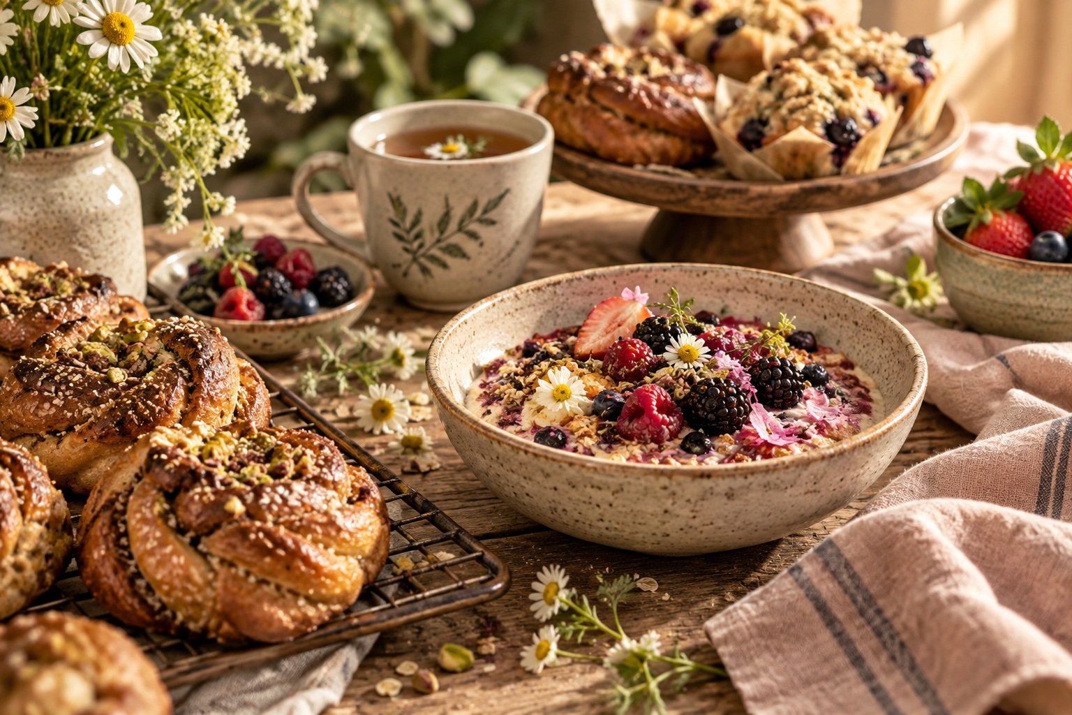 A cozy spread of pastries, tea, and a berry breakfast bowl