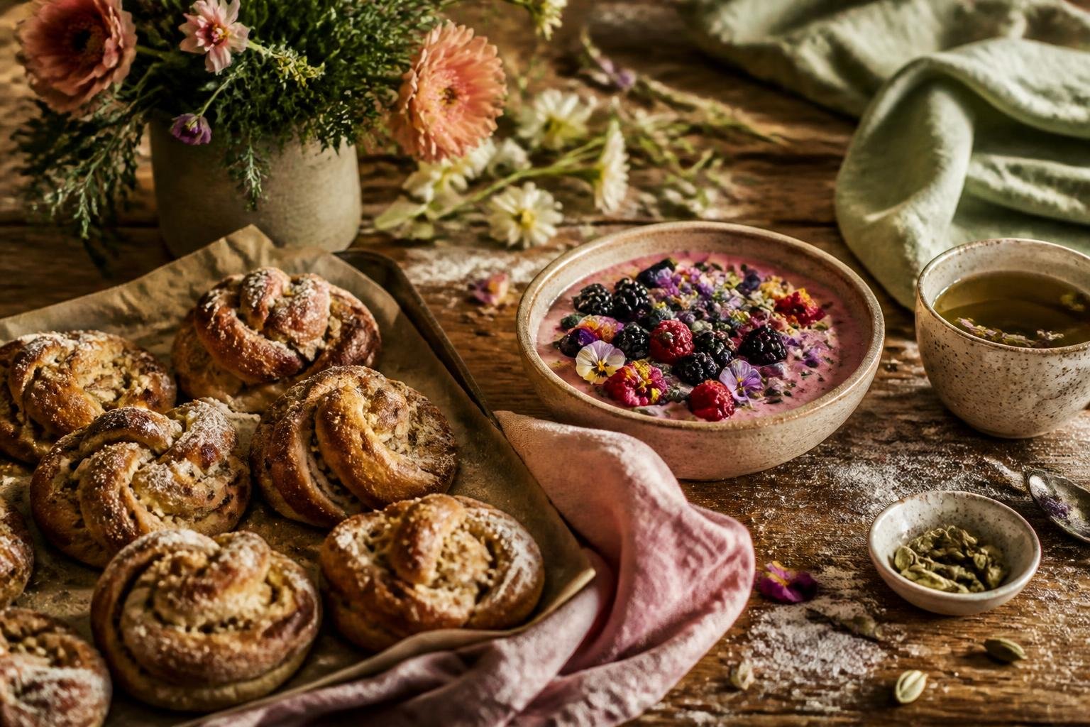 Fresh pastries and a berry breakfast bowl