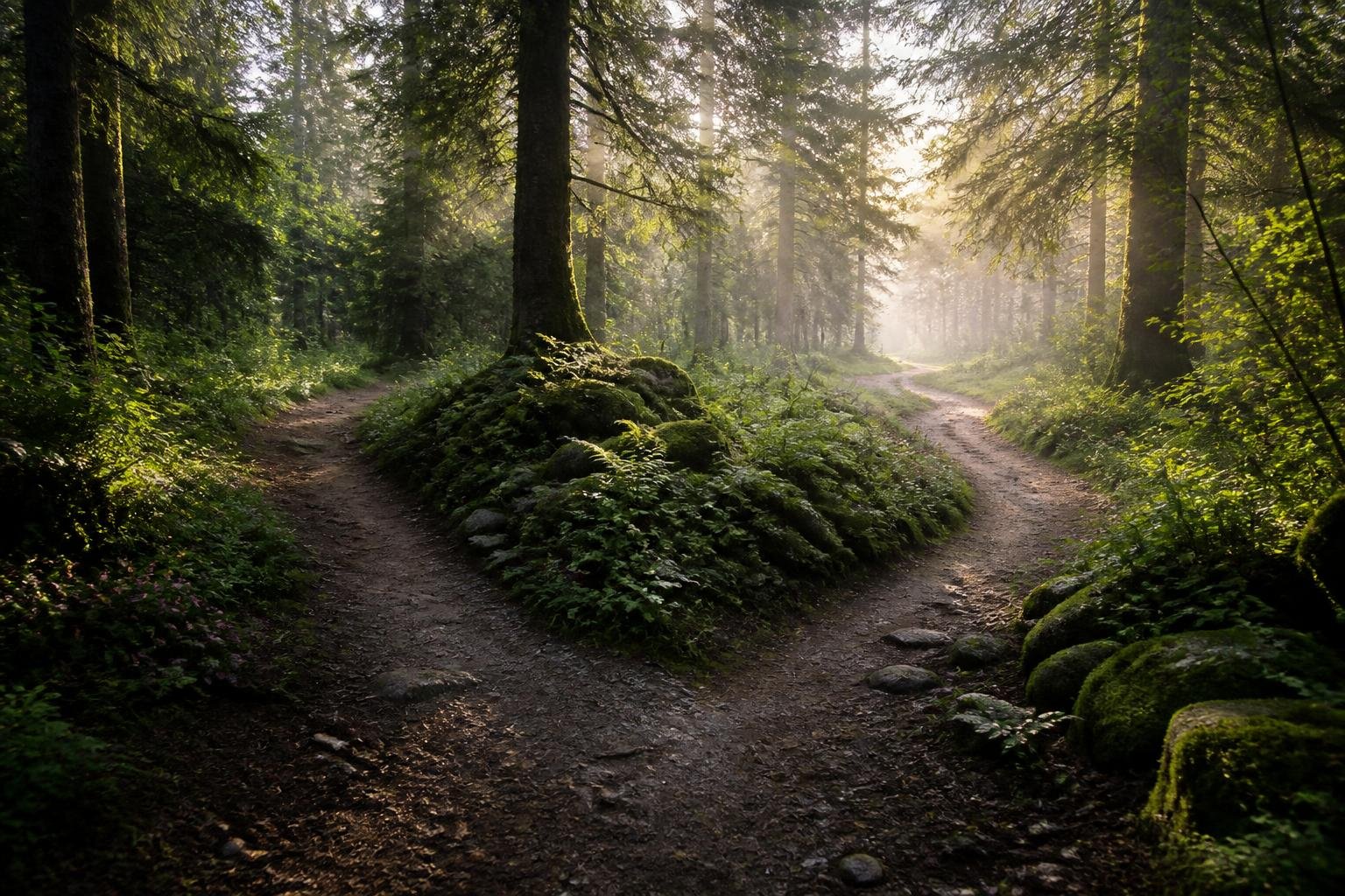 A forest trail splitting into two paths
