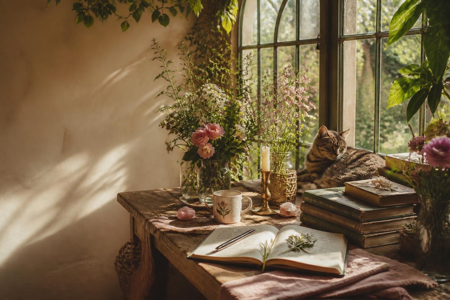 A warm welcoming still life with flowers, tea, books, and sunlight