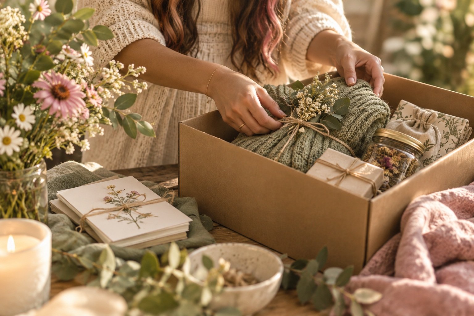 A thoughtfully packed gift box with cozy handmade goods and botanical details