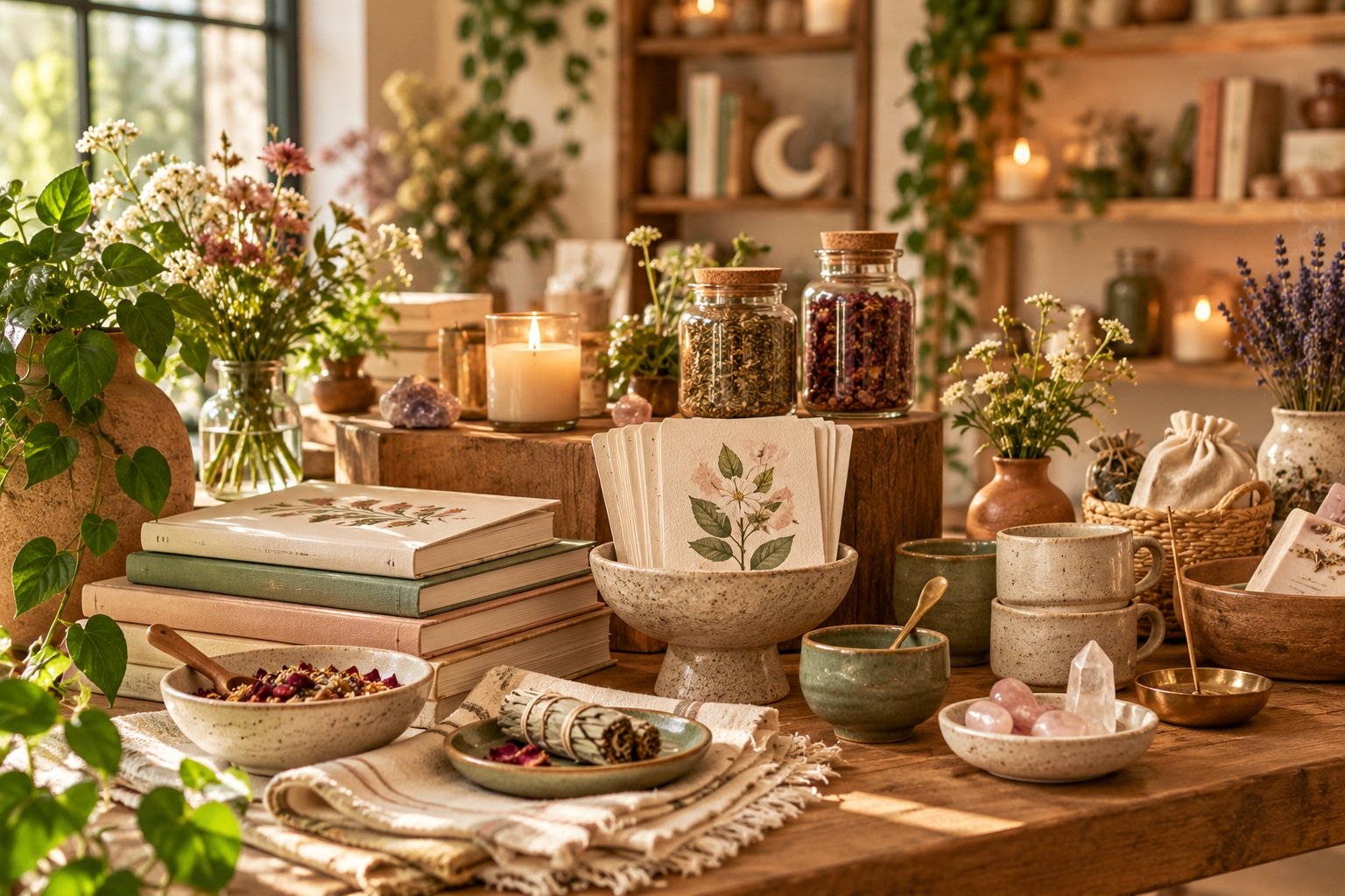 A warm mission-driven still life with books, herbs, candles, and intentional practice items